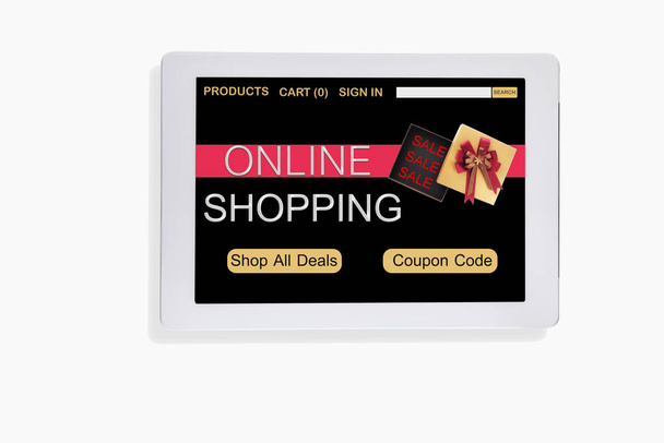 Zakupy online internetowej sprzedaży w szkatułce na ekranie komputera typu tablet - Zdjęcie, obraz