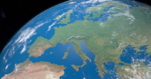 Europa continente e norte de África e Ásia no planeta Terra, vista aérea do espaço exterior
 - Filmagem, Vídeo