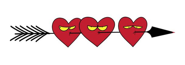 Grappig beeld. Harten skewered op een pijl van Cupido. Illustratie voor wenskaarten Valentijnsdag. - Foto, afbeelding