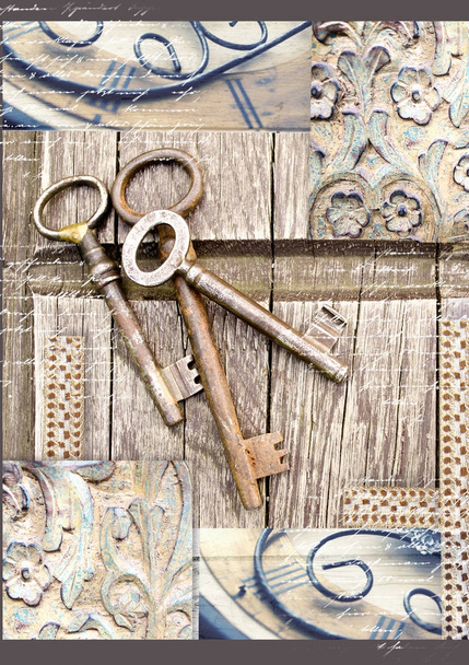 Vintage keys on old wooden background. . Three old, rustic keys on the table. Print for writing pad.Collage in vintage style - Photo, Image