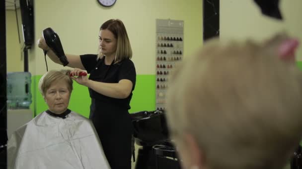 Κομμωτήριο ξήρανση στους θηλυκούς πελάτες μαλλιών στο κομμωτήριο - Πλάνα, βίντεο