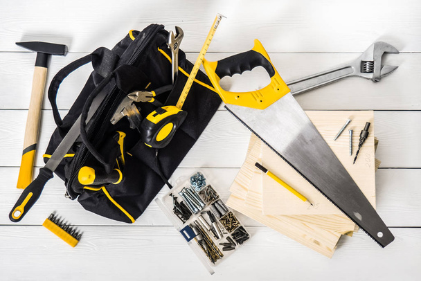 top view bag with repair tools - Foto, immagini