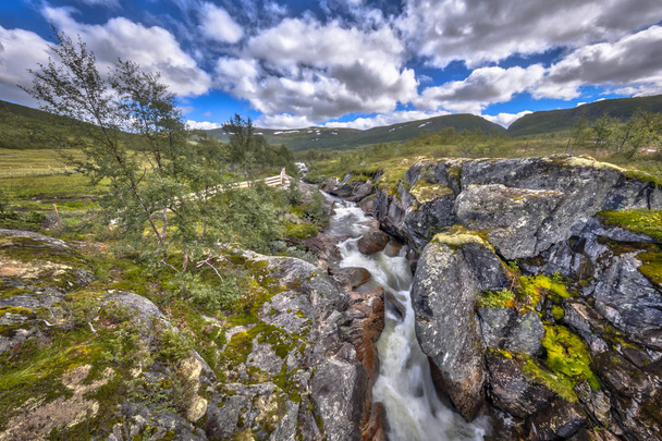 wilder Fluss mit Wasserfall in hardangervidda - Foto, Bild