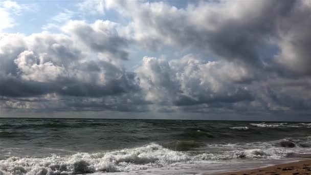 Tormenta en la playa de arena marina, nublado, el viento persigue olas y nubes
. - Metraje, vídeo