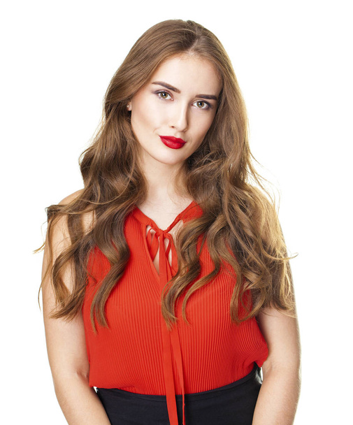 Portrait of a young beautiful woman in a red blouse  - Photo, image