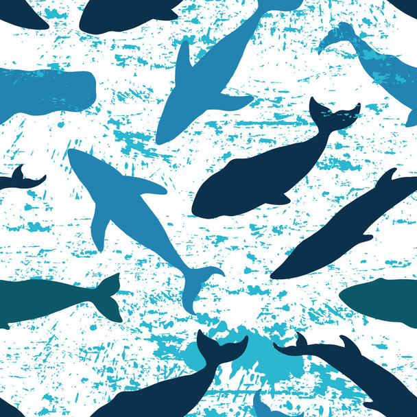 Seamless pattern with whales. Ink. Hand drawn. Hands painted in ink abstract texture. - Vector, imagen