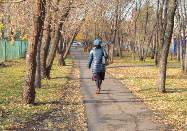 Femme habillée à la mode marchant dans le parc d'automne
 - Photo, image