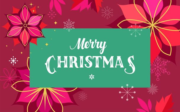 Κλασικό χριστουγεννιάτικο κόκκινο φόντο, ευχετήρια κάρτα, πανό με τα Χριστούγεννα λουλούδια, στολίδια και γράμματα - Διάνυσμα, εικόνα