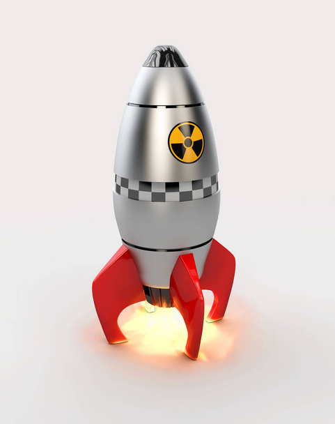3d illustration of rocket space ship take off with fire, isolated white. Simple retro spaceship. - Photo, Image