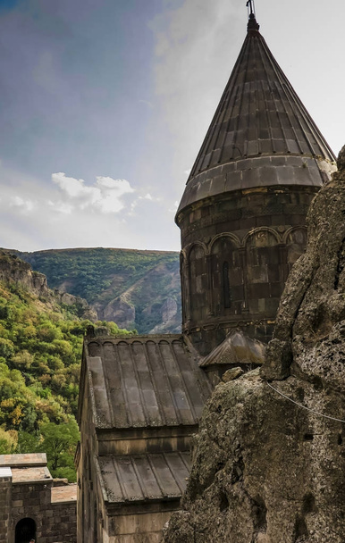 The Christian temple Geghard in the mountains of Armenia - Zdjęcie, obraz