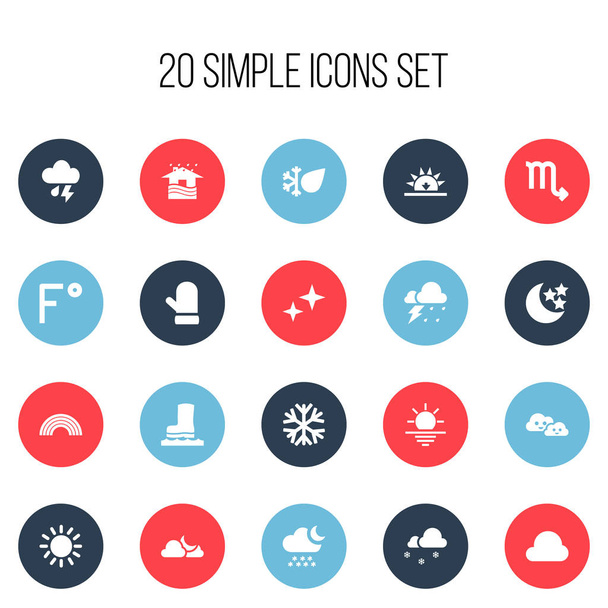 Set Of 20 Editable Weather Icons. Includes Symbols Such As Storm, Rainbow, Frost And More. Can Be Used For Web, Mobile, UI And Infographic Design. - Vector, Image