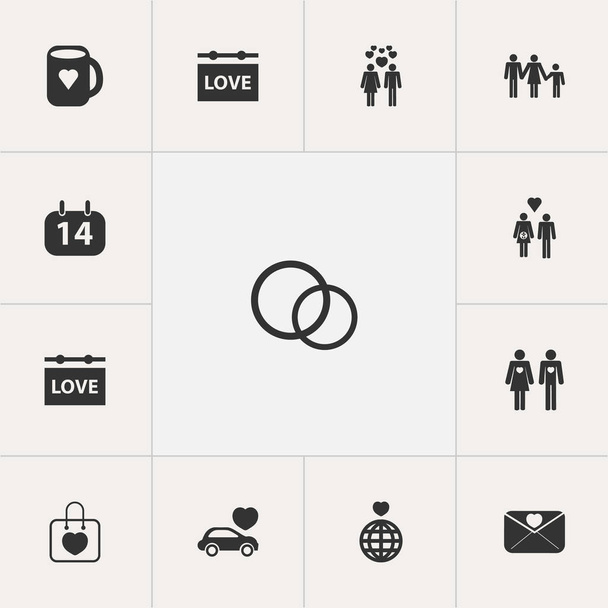 Zestaw 13 edycji Amour ikon. Zawiera symbole, takie jak torebka, kalendarz, wyżywienie. Mogą być używane dla sieci Web, mobilnych, interfejsu użytkownika i Infographic Design. - Wektor, obraz