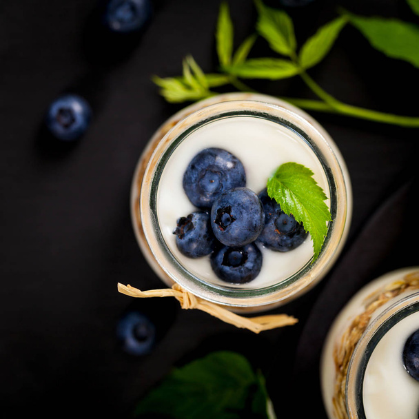 Yogurt Dessert with Blueberries - Fotoğraf, Görsel