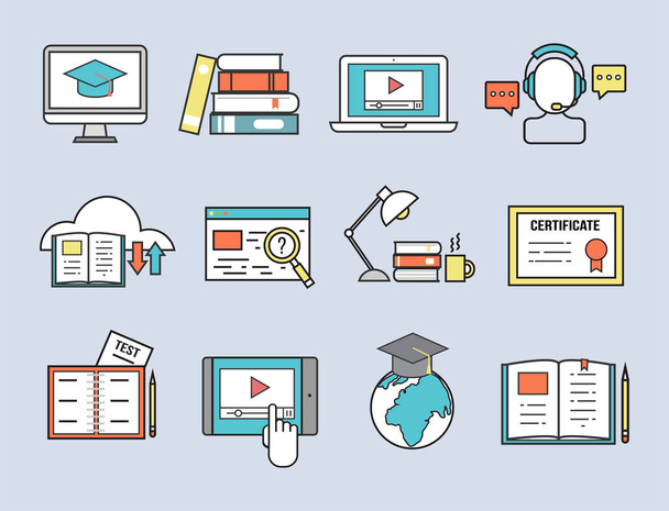 Плоскі іконки дизайну онлайн освіта співробітників навчальний книжковий магазин дистанційного навчання Векторні ілюстрації
 - Вектор, зображення