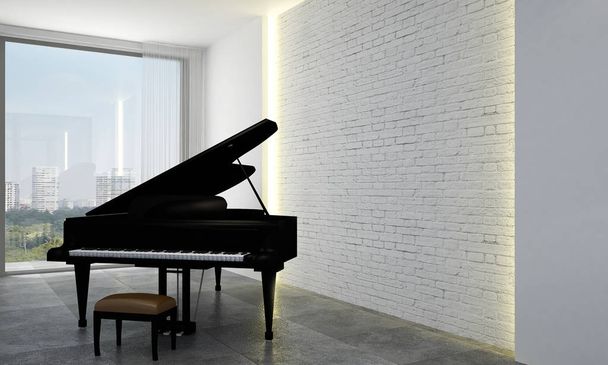 Дизайн интерьера гостиной и гостиной, кирпичная стена и фортепиано
 - Фото, изображение