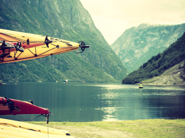 Many canoes on norwegian fjord shore - Zdjęcie, obraz