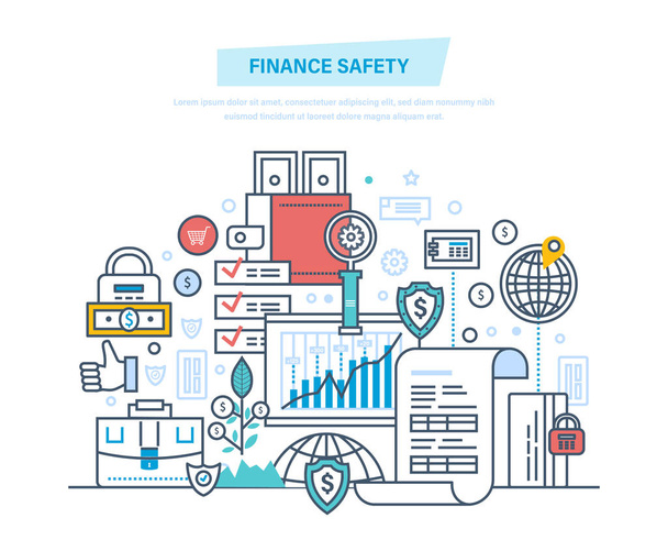 Pénzügyi biztonság és védelem, online bankárság, adatvédelem, fizetés, biztonságos betéteket. - Vektor, kép