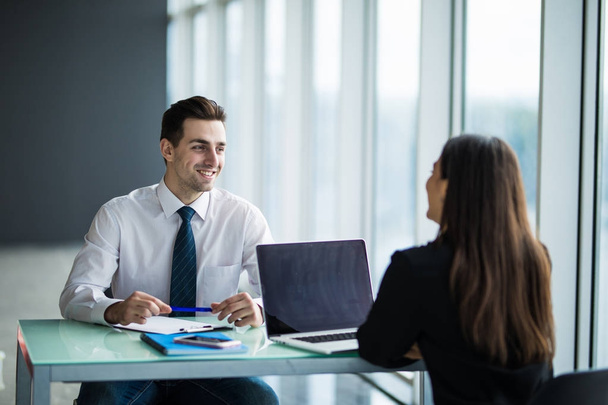 Business people Having Meeting Around Table In Modern Office. Young man listen woman in office - Photo, Image