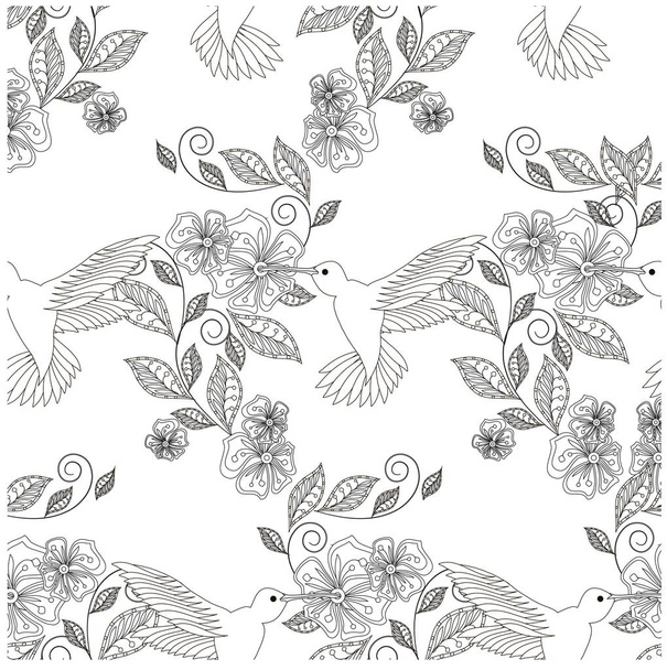 Monochrome hand drawn seamless floral pattern hummingbird for coloring page, print, tattoo stock vector illustration - Vector, Imagen