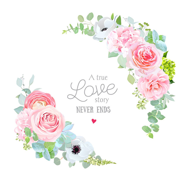Floral vector round frame with pink rose, hydrangea, camellia - Wektor, obraz