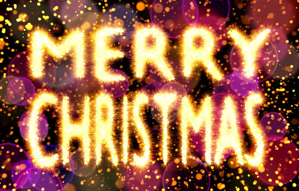 Merry Christmas text made of bokehs with sparks, red and purple bokehs background - Photo, image