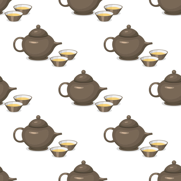 Kettle teapot drink hot breakfast kitchen utensil seamless pattern tea pot with two cups vector illustration. - Вектор,изображение