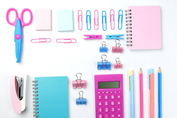 Stationary concept, Flat Lay top view Photo of school supplies s - Foto, Imagem