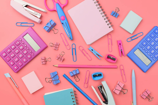 Stationary concept, Flat Lay top view Photo of school supplies s - Фото, зображення