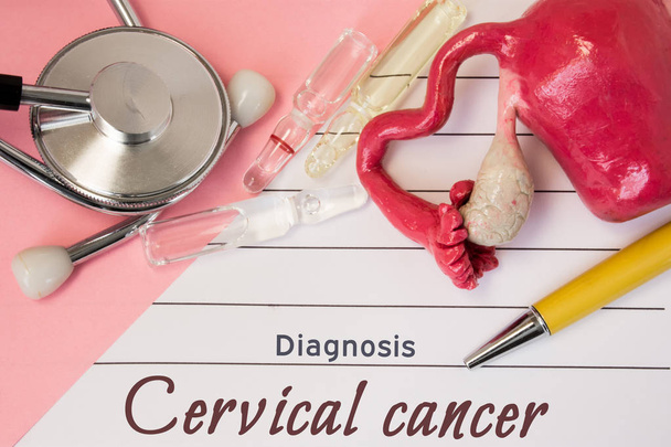 Diagnosis of Cervical Cancer. Medical history of patient with Diagnosis of Cervical Cancer inscription next stethoscope, uterus with ovaries figure, ampoule with medicine. Treatment and diagnostic - Photo, Image