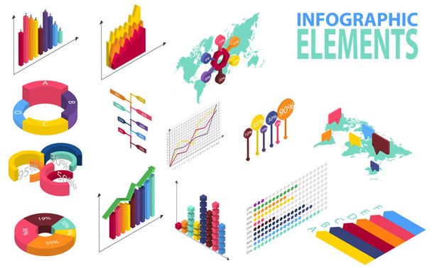 Isometric style infographics with data icons, world map charts and design elements.  - Вектор, зображення