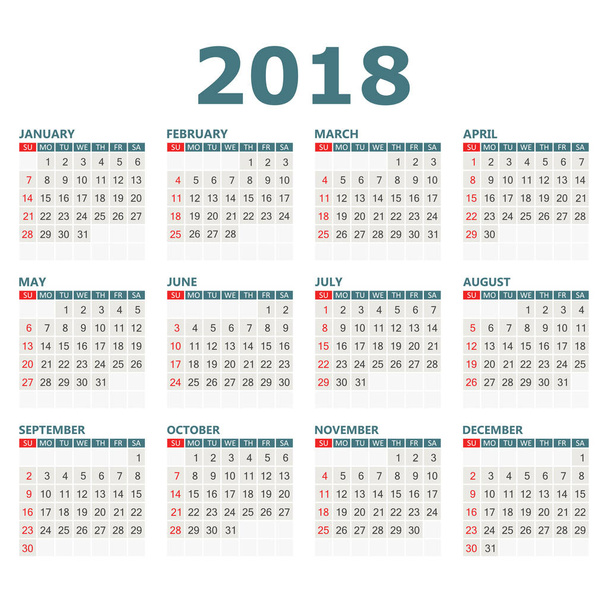 2018 kalenderjaar in eenvoudige stijl. Kalender planner ontwerp temp - Vector, afbeelding