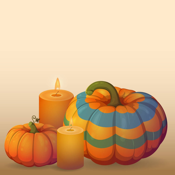 Template with pumpkins and lighted candles - Vektor, obrázek