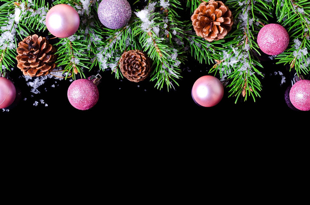 New Year or Christmas background: spruce branches, cones and Chr - Φωτογραφία, εικόνα
