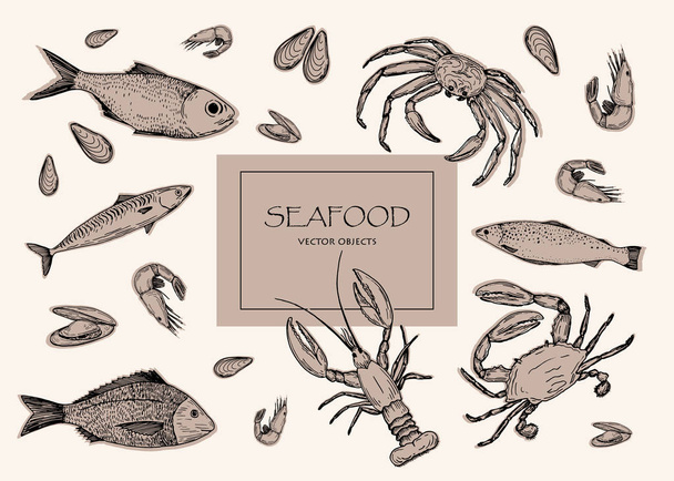 Vector illustration. Seafood, sea fish and crab. Pen style vector objects. - Вектор, зображення