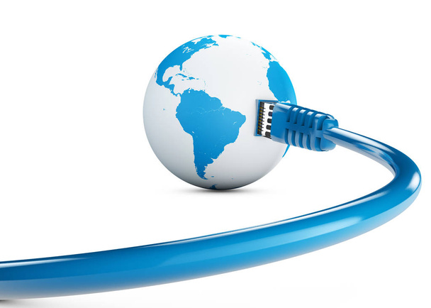 Cable Ethernet, conexión a Internet, ancho de banda. El mundo en la web. Conexiones mundiales, Globo
. - Foto, Imagen