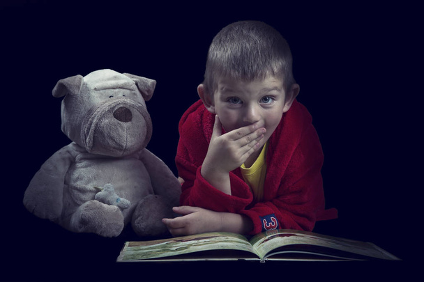 Funny boy with a stuffed dog reading a book for bed time in arti - Foto, Bild