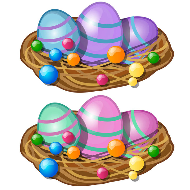 Colorful Easter eggs with delicate pattern in straw basket. Symbol and decoration for holiday. Vector illustration in cartoon style isolated on white background - Διάνυσμα, εικόνα