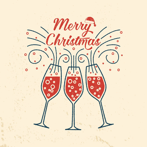Merry Christmas retro template with Champagne glasses. - Vector, Imagen