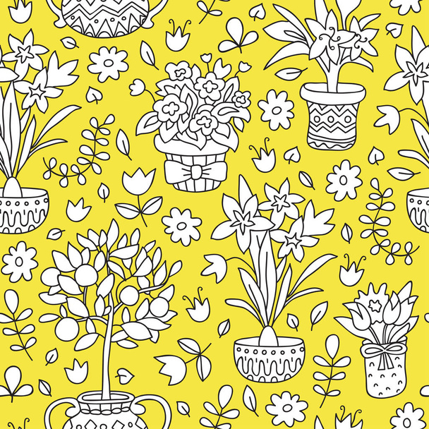 Seamless pattern doodle plants in pots, floral background. - Vettoriali, immagini