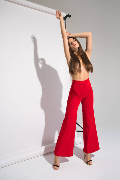 Beautiful Naked Woman In Red Pants Posing Casting Shadow Isolated On The Gray Background - Foto, immagini