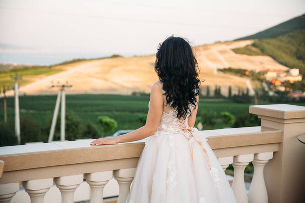 beautiful bride in a luxurious white dress, rear view. Sea at background - Zdjęcie, obraz