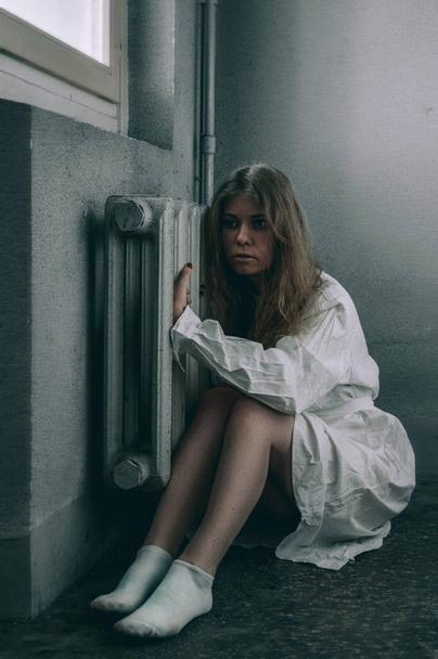 mentally ill girl with straitjacket in a Psychiatric - Fotó, kép