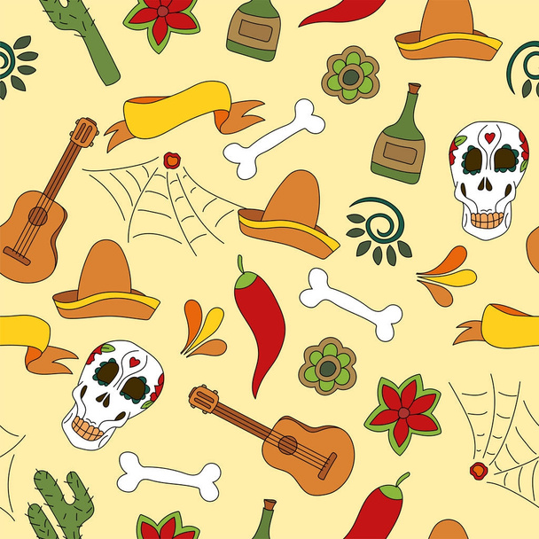 Mexico icons seamless pattern - Traditional mexican elements background - Vektör, Görsel