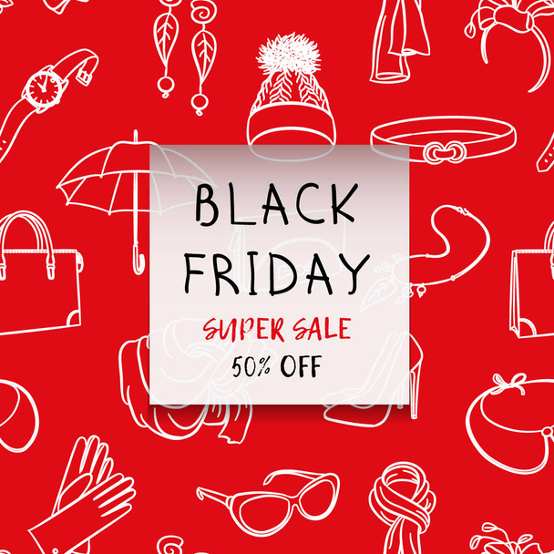 Black Friday square banner. Fashion accessories in hand drawn style on a seamless pattern background. White lines on a red vector illustration - Wektor, obraz