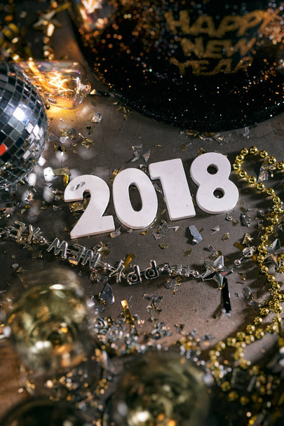 New Year: Overhead View Of 2018 With Disco Ball And Party Hat - Foto, Imagen