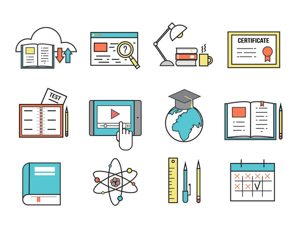 Плоскі іконки дизайну онлайн освіта співробітників навчальний книжковий магазин дистанційного навчання Векторні ілюстрації
 - Вектор, зображення