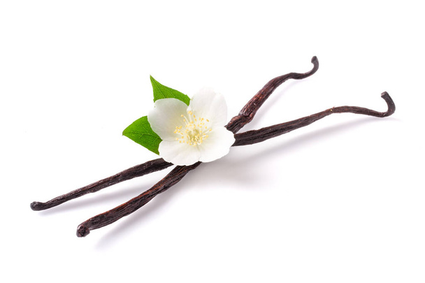 Vanille sticks met bloem en blad geïsoleerd op witte achtergrond - Foto, afbeelding