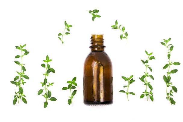 Bottle of essential oil with herbs thyme isolated on white background - Valokuva, kuva
