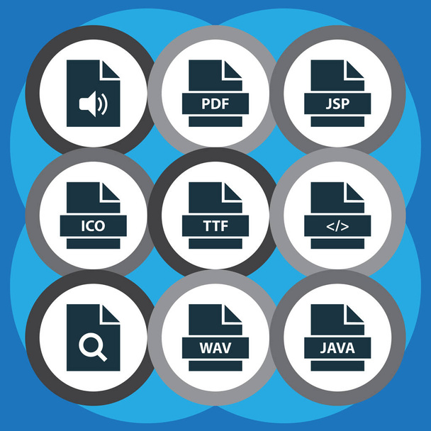 Typen-Symbole gesetzt. Sammlung von jsp, Programmiersprache, Zoom und anderen Elementen. enthält auch Symbole wie jsp, audio, java. - Vektor, Bild