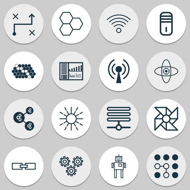 Set di icone per l'apprendimento. Raccolta di comunicazioni wireless, base di informazioni, onde radio e altri elementi. Include anche simboli come Prong, Controllo, Alveare
. - Vettoriali, immagini